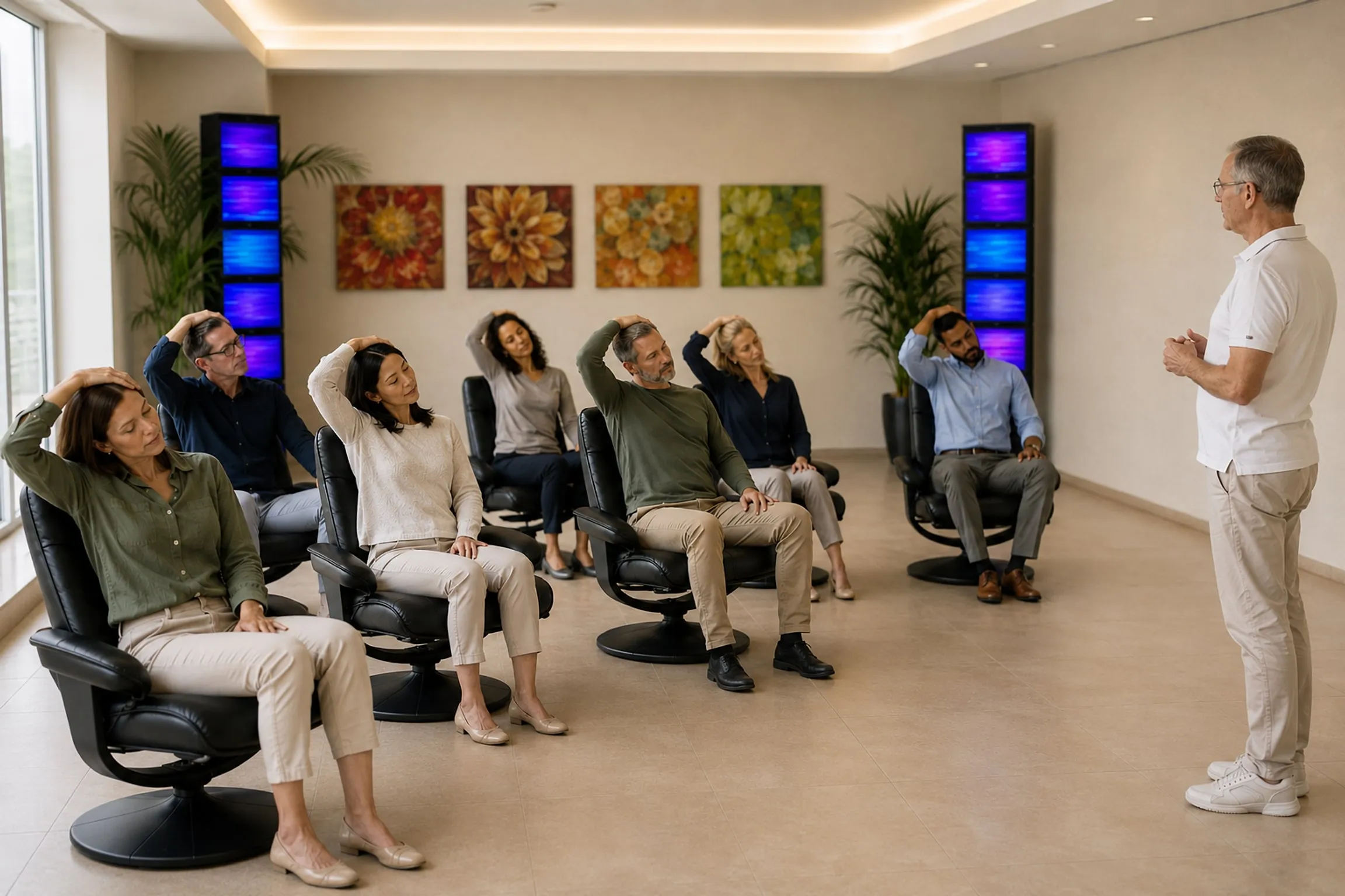 Teilnehmende eines Stressmanagement-Seminars sitzen im Halbkreis und führen gemeinsam eine Nackendehnung aus, angeleitet von Jörg Christian Müller
